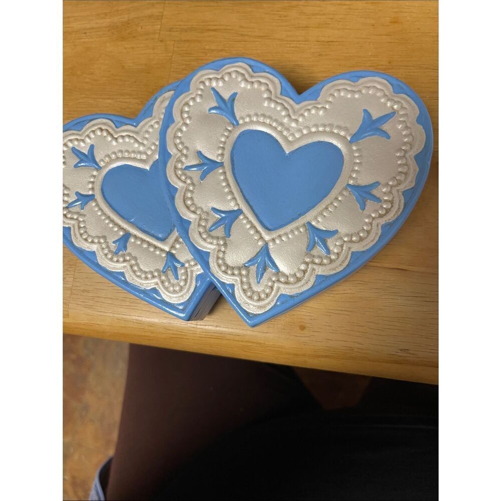 Blue and Metallic Silver Ceramic Heart-Shaped Trinket Container